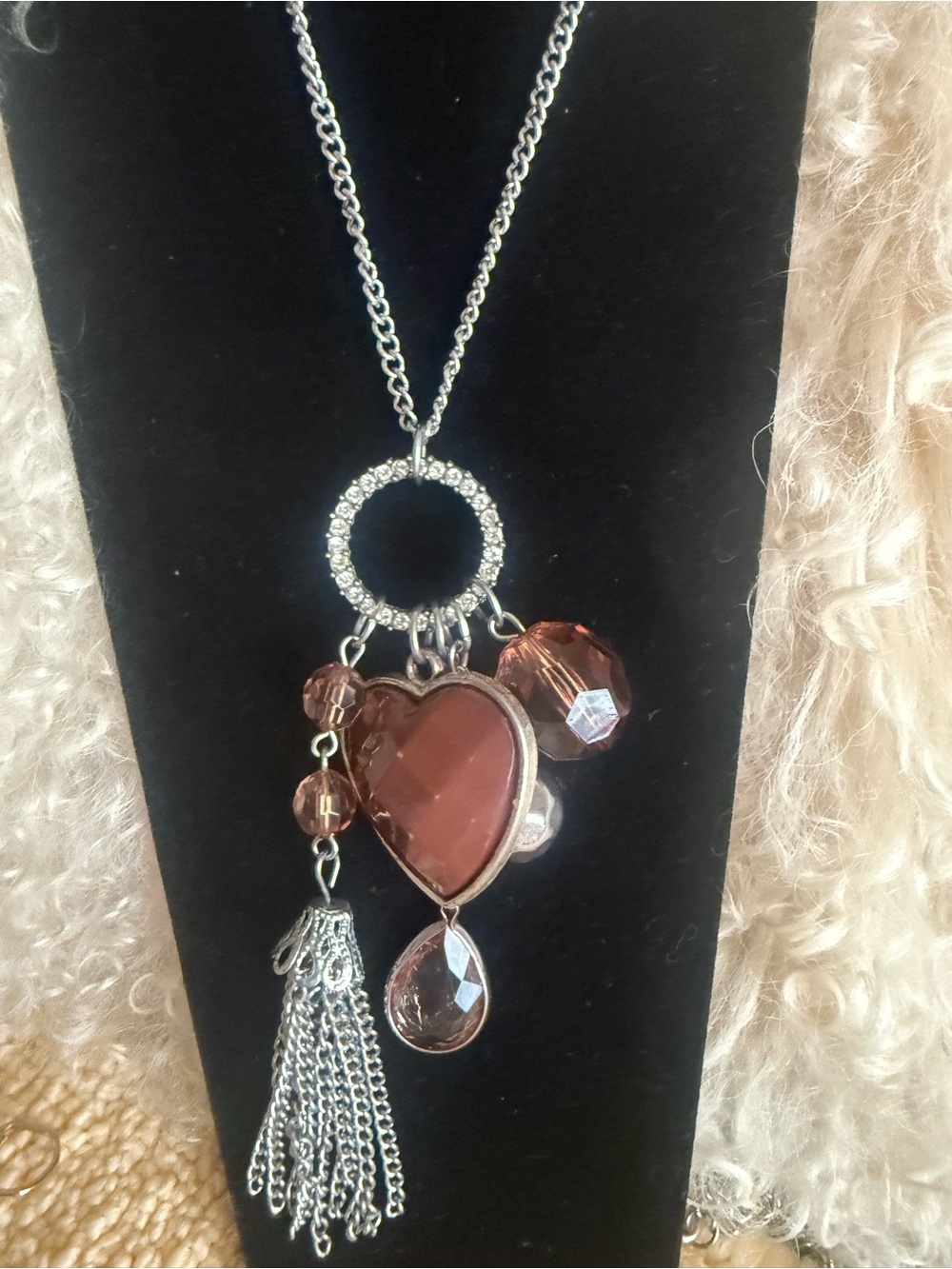 Silver-Tone Brown Heart Crystal Necklace with Tassel